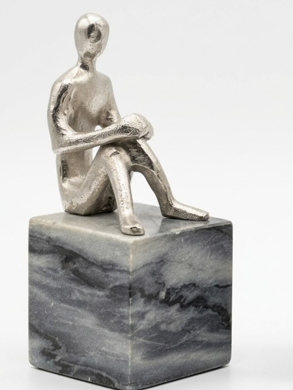 2 Silver Figurines on Gray Marble-Like Base - Decorative Home Art Bookends 8"
